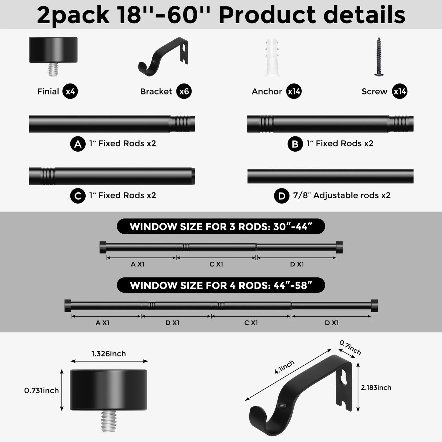 VOIIY 2 Pack Curtain Rods for Windows 28 to 48 Inch(1.5-5 Feet),Black 1'' Diameter Drapery Rods with End Cap Style Design,Modern Adjustable Heavy Duty Curtain Rod,Size:30''-60''