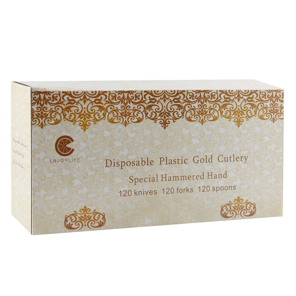Supernal 360pcs Gold Plastic Silverware Set - Heavy Duty Disposable Cutlery (120 Forks, 120 Spoons, 120 Knives) - Elegant Hammered Finish, Premium Plastic Flatware for Weddings, Parties & Catering