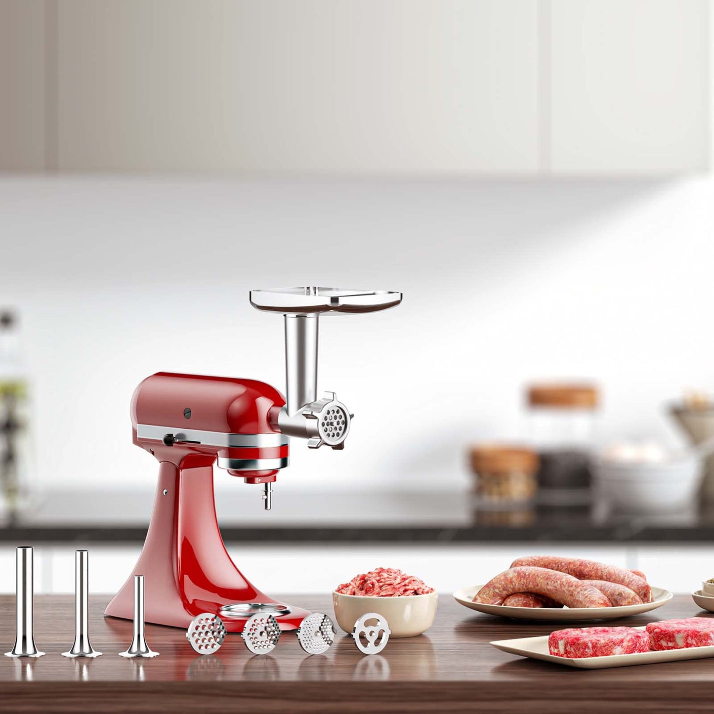 COFUN Meat Grinder for KitchenAid Mixer, All Metal Food Grinder with 4 Grinding Plates, 3 Sausage Stuffer Tubes, 2 Blades, Fast Grinding for Burgers Sausages Meatballs
