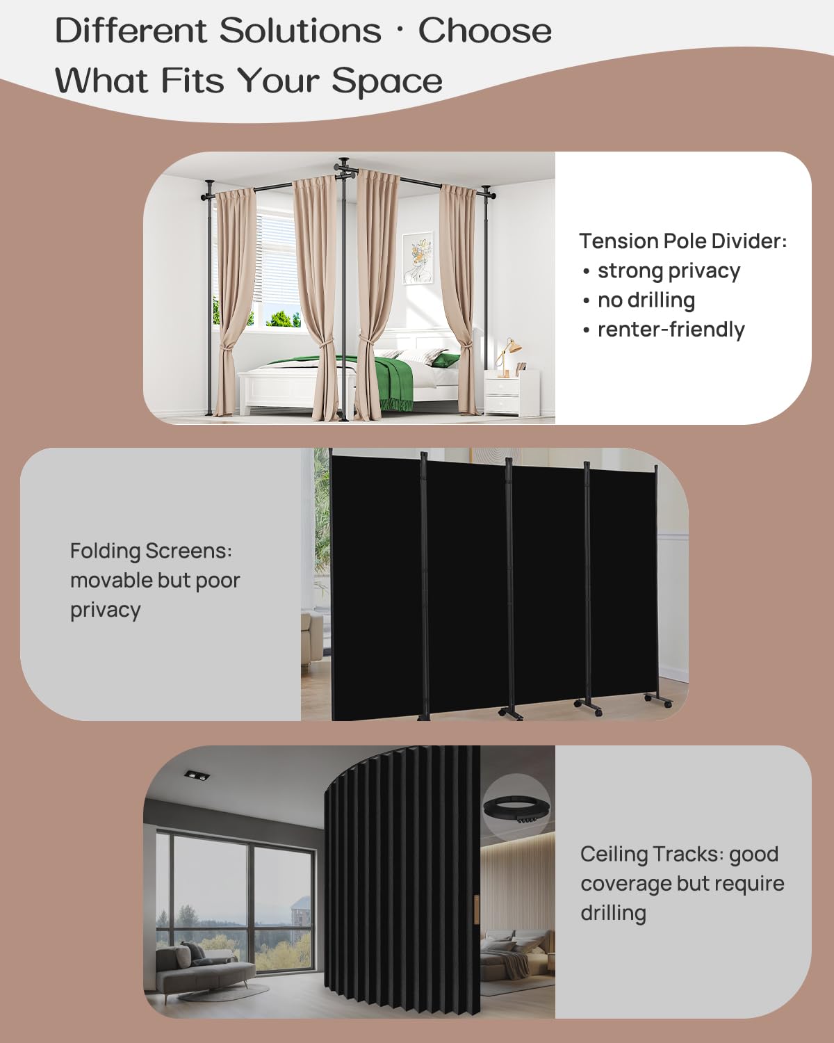 ALLZONE Tension Curtain Rods for Windows, Adjustable 31 to 135 Inch Wide, Freestanding Curtain Rods No Drilling, Apartment Renter Friendly, Heavy Duty, for Room Divider, Doorway, 63 to 130 Inches Tall