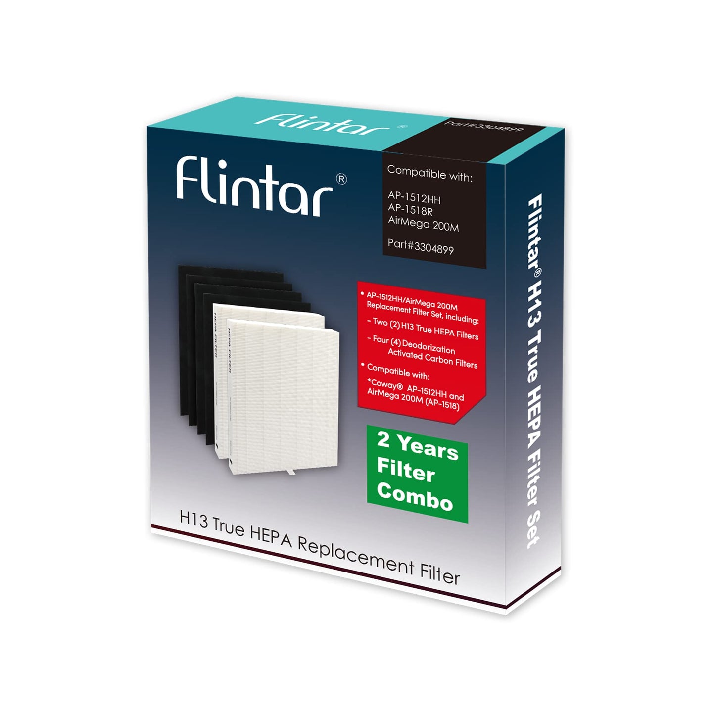 Flintar Replacement Air Filter, Compatible with Coway Air Purifier AP-1512HH and Airmega 200M, (2) H13 Grade Main Filter and (4) Activated Carbon Filters, 2-Year Filter Pack