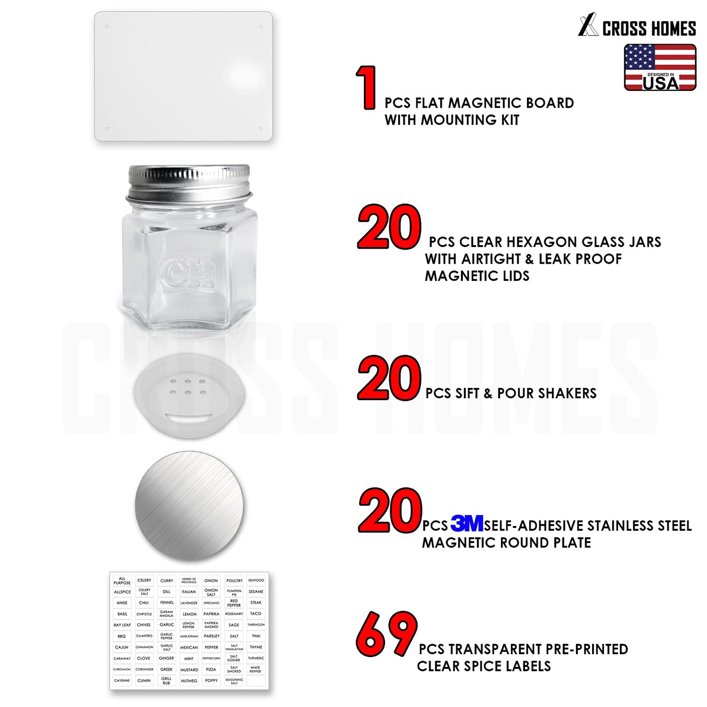 Magnetic Empty Small Hexagon Glass Spice Jars 20 Sets With Lids, Shaker, Board, Labels - DIY Spice Tins/Rack for Refrigerator, Fridge, Cabinet, Wall Mount