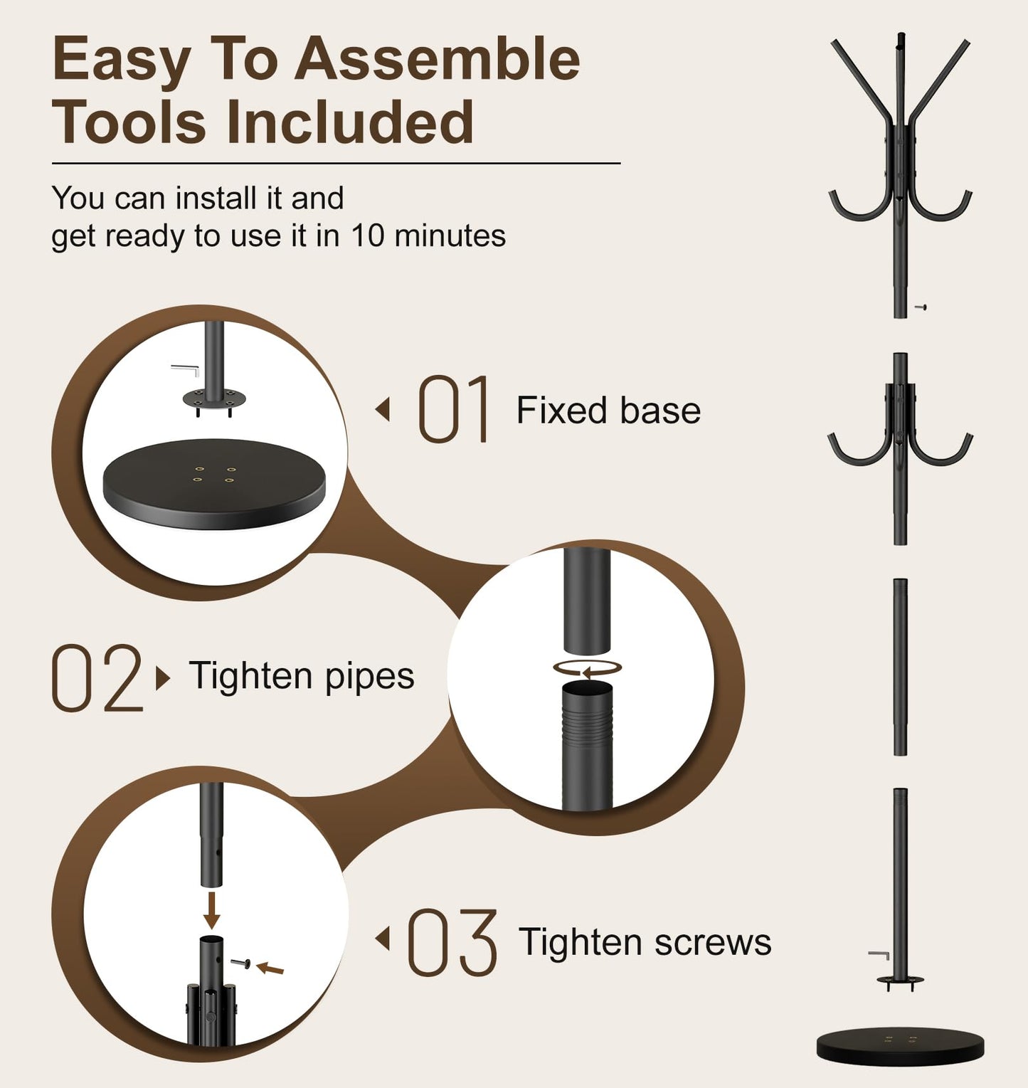 MISSLO Heavy Duty Coat Rack Freestanding with Stable Wood Base Metal Coat Tree with 12 Hooks Coats Hanger Stand Adjustable Clothes Tree for Jackets, Hats, Bags Standing Purse Rack for Bedroom, Office