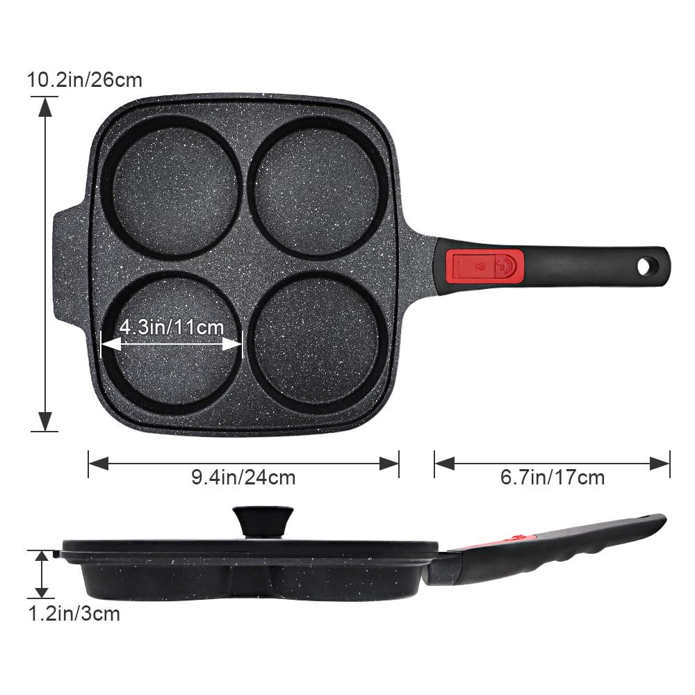RANX INGST 10 inch Large Egg Pan with Lid, 4-Cup Pancake Pan Nonstick Omelette Skillet with Detachable Handle Induction Compatible - Black