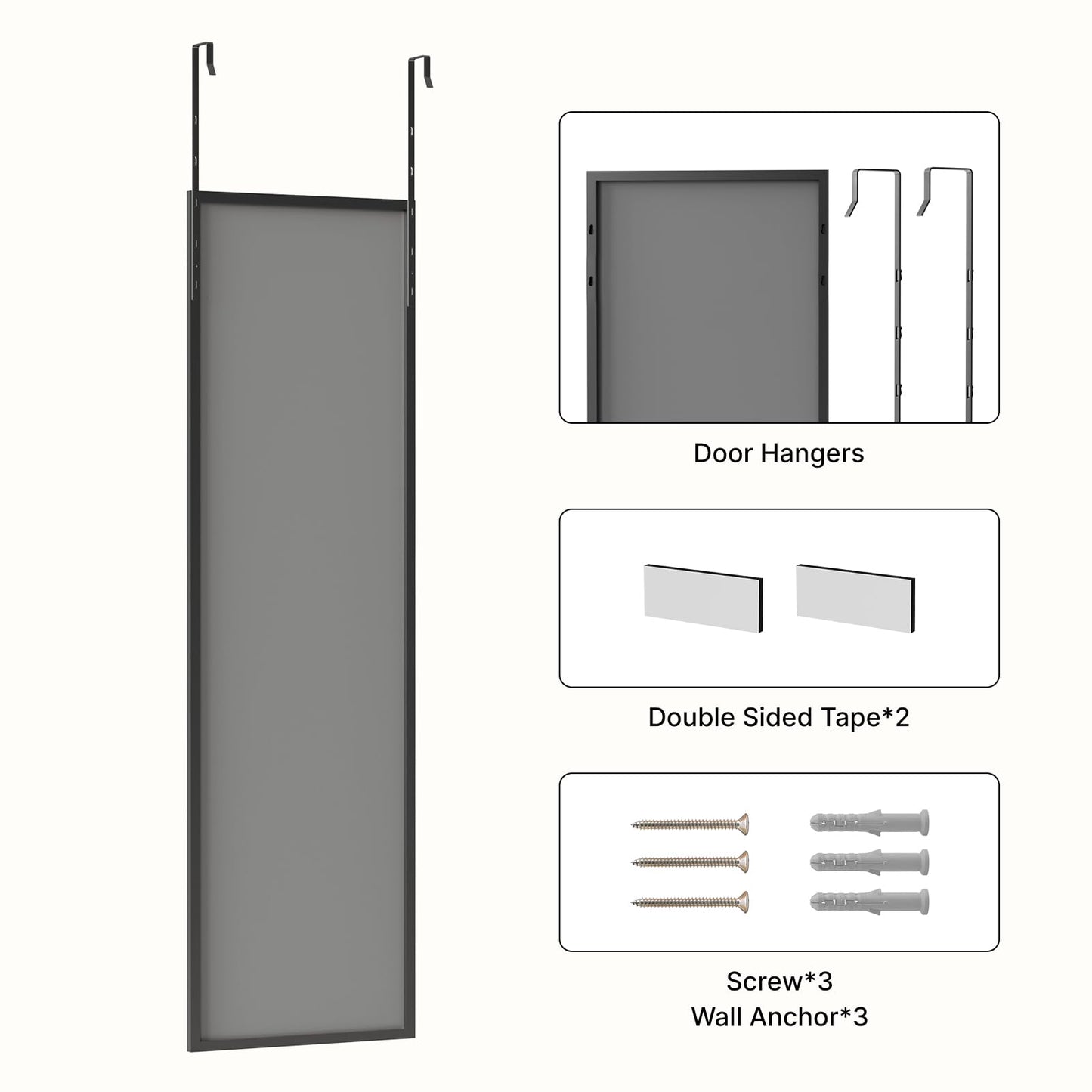 Kosmonia 48x14 Inch Full Length Tempered Glass Door Mirror - Over The Door Hanging, No Drill Installation, Suitable for Bedroom & Closet, Sturdy Hanging Design