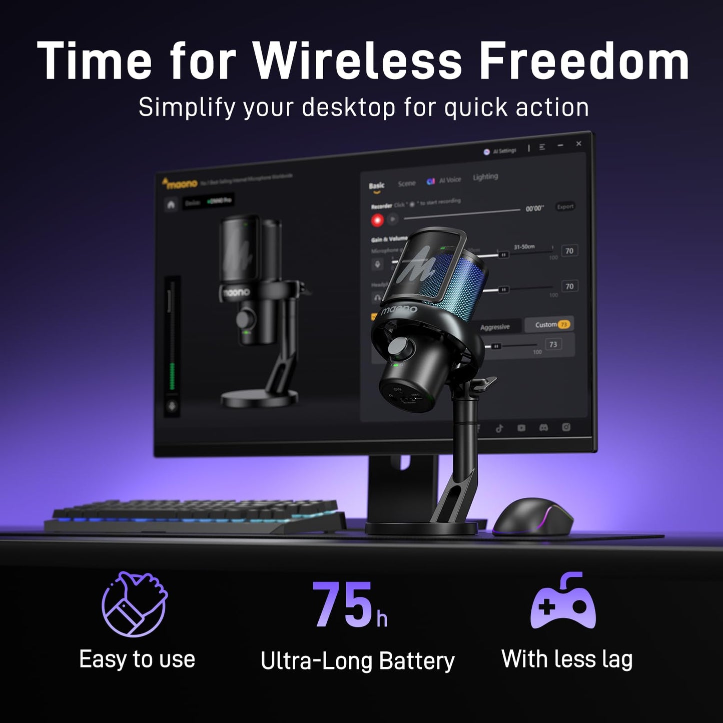 MAONO Wireless Gaming Microphone for PC, Condenser USB Mic with Software AI Voice Change,3-Level Noise Cancellation,Custom RGB, for Streaming Recording Podcast PS5 PS4 Twitch YouTube (DM40 Pro-Black)
