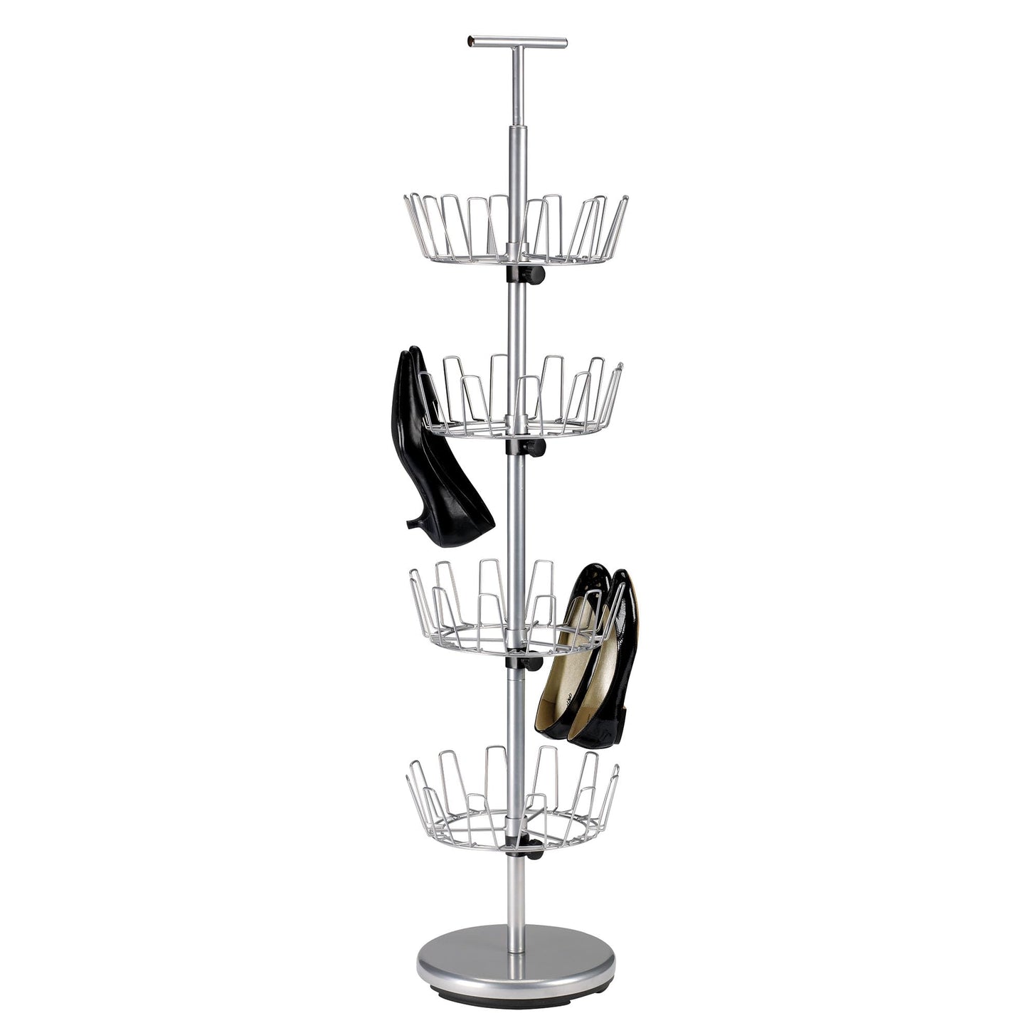 Household Essentials 4-Tier Revolving Shoe Tree, Heavy-Duty Steel with Stabilized Base, Holds 24 Pairs of Shoes, Great for Most Styles, Chromelike Finish