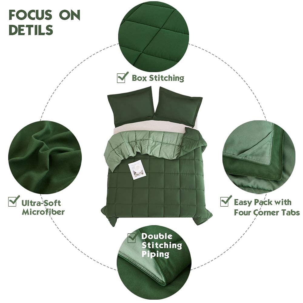 HIG 3pc Green Queen Size Comforter Set - All Season Reversible Down Alternative Bedding Comforter Set - Quilted Duvet Insert with Corner Tabs - Box Stitched Blanket - Breathable, Soft, Fluffy