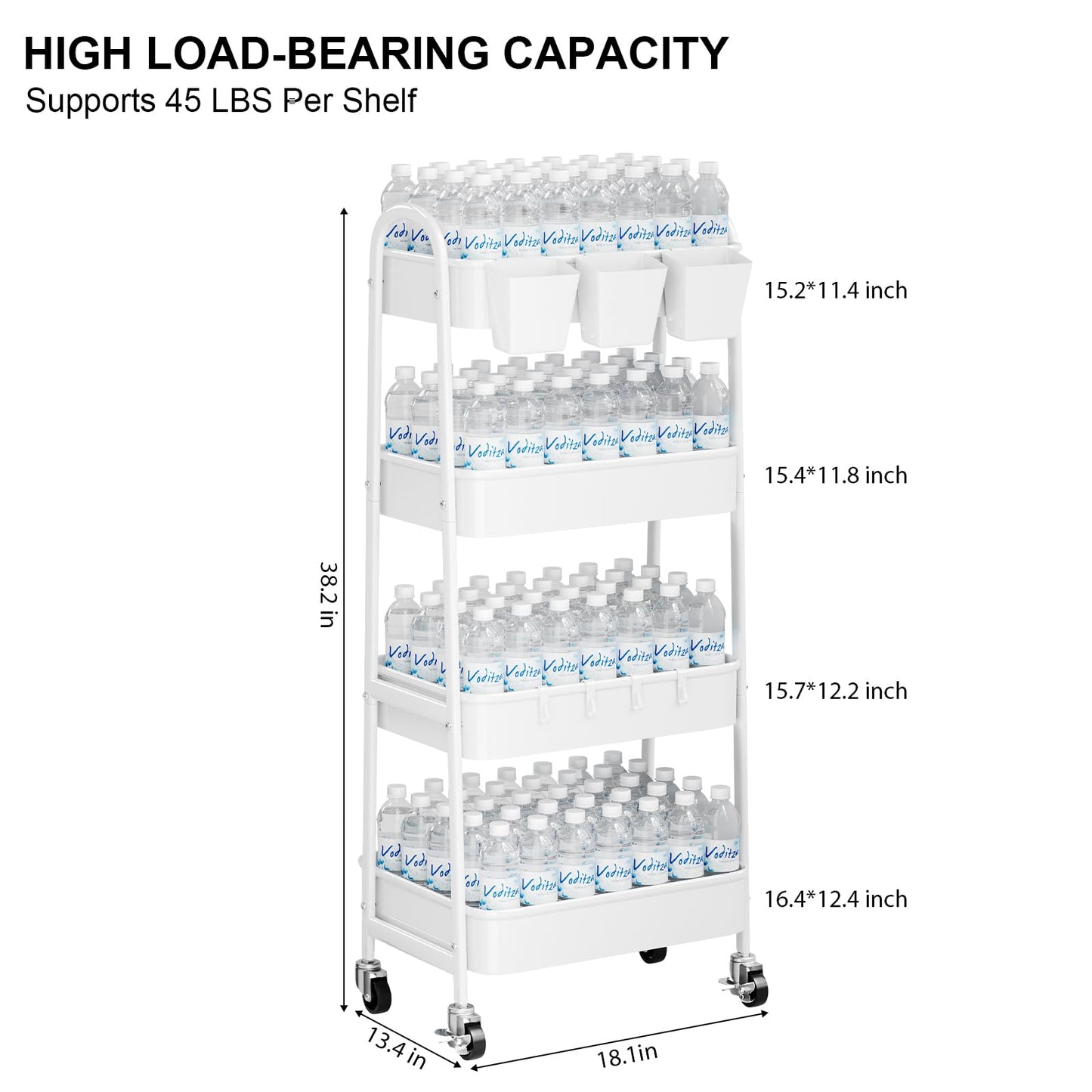 White 4 Tier Rolling Cart Metal with Wheels, Heavy Duty Utility Storage Organizer Carts on Wheels, Four Tiered Roller Cart for Kitchen, Book, Snack, Craft, Art, Dorm, Large Capacity Basket, 38in Tall