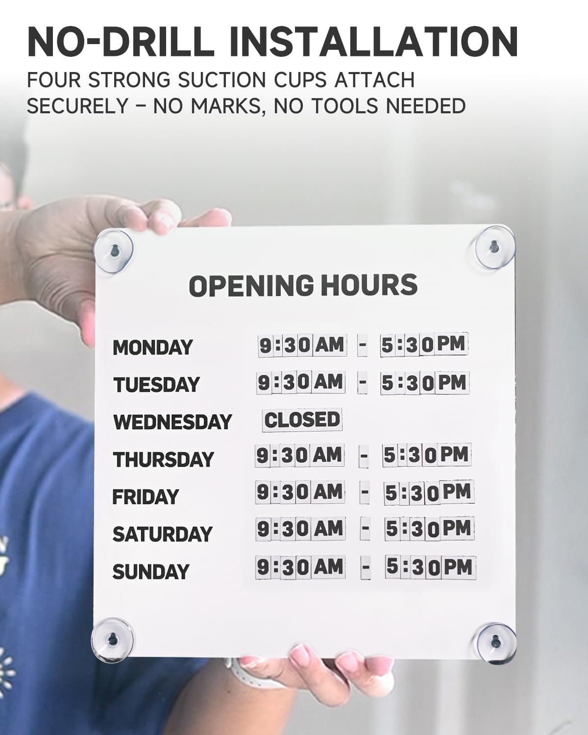 Metal Business Hours Sign with Suction Cups - Magnetic Open Closed Display Board for Storefront Window, Glass Door, Tile Wall & Counter - Changeable, Reusable & Rust-Resistant Steel Kit (White Board)