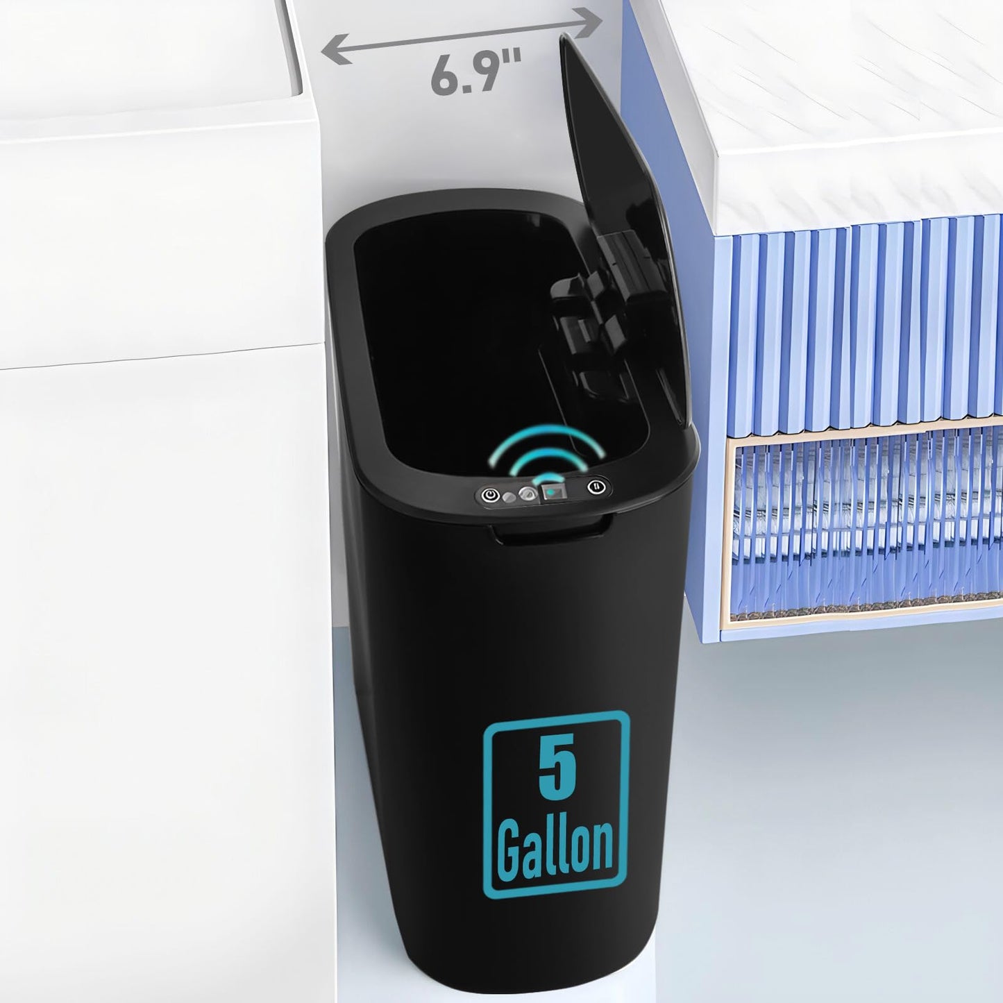 TIPGO 5 Gallon Motion Senor Bathroom Trash Can with Lid, Automatic Garbage Can Touchless, Smart Plastic Waste Basket for Narrow Spaces, Bathroom, Office, Bedroom, Living Room (Black)