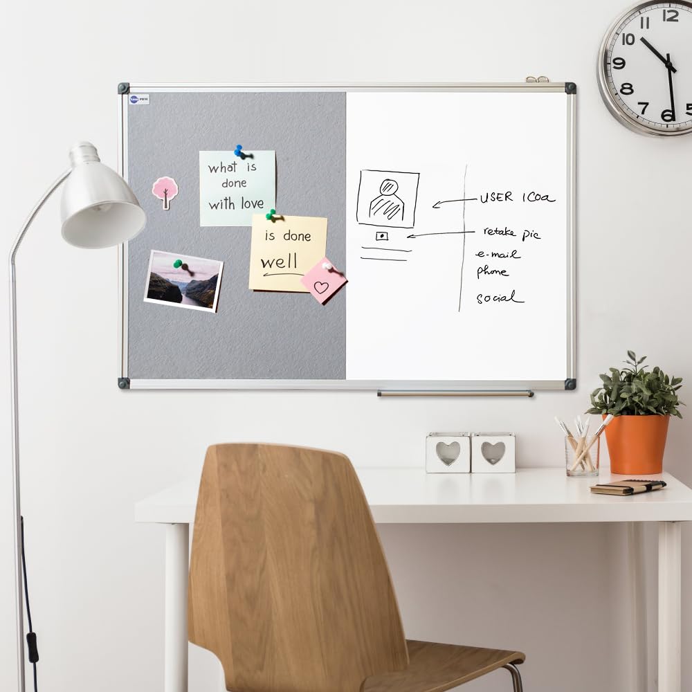 NEWPUTE White Board and Cork Board Combo - 36 x 24 Inches Large Dry Erase Whiteboard and Bulletin Board, Magnetic Wall Pin Display Board for Home, Classroom & Office, 24"x36" Grey