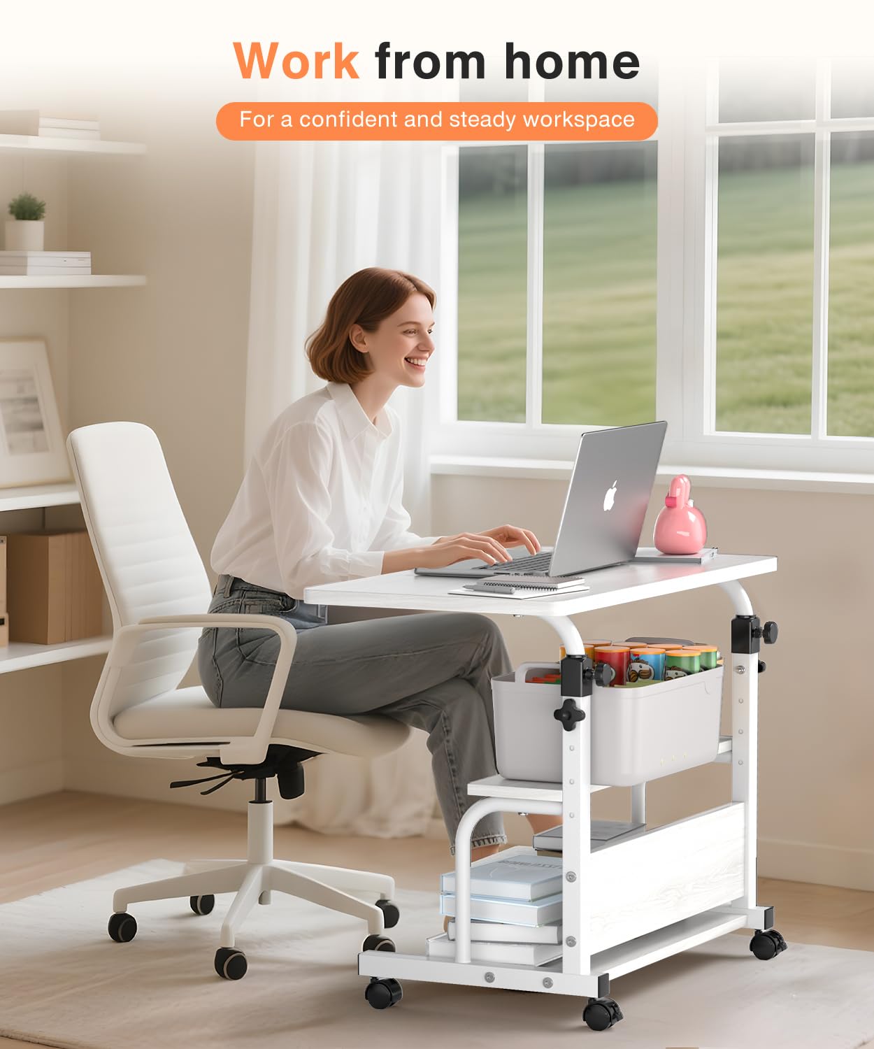 QZMDSM Portable Desk with Wheels Small Standing Desk on Wheels Adjustable Height Rolling Desks for Small Spaces, 32" Computer Desks with Storage Shelves for Home Office Study White