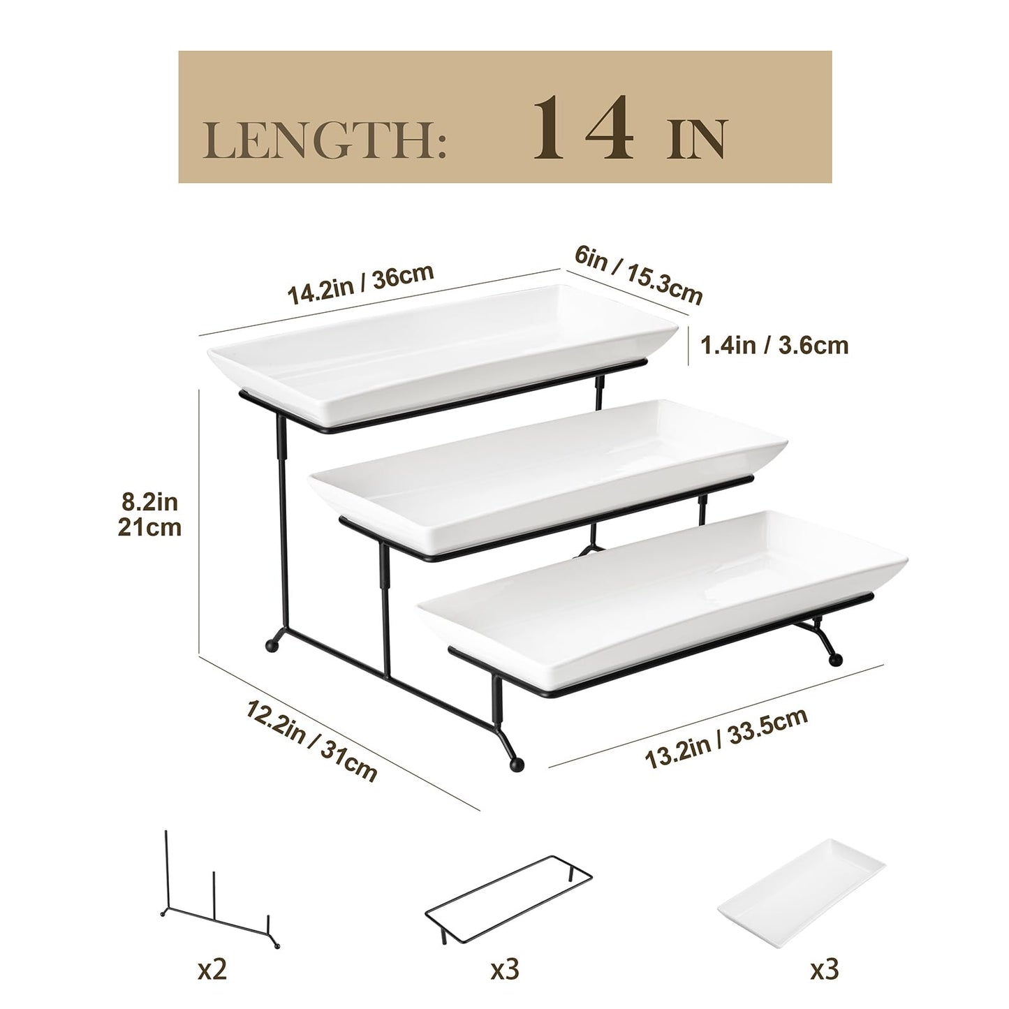 MALACASA 3 Tier Serving Tray, Porcelain Tiered Cupcake Stand, Ceramic Elevated Serving Platter with Collapsible Sturdier Rack,Series PLAT (White, 14 Inch)