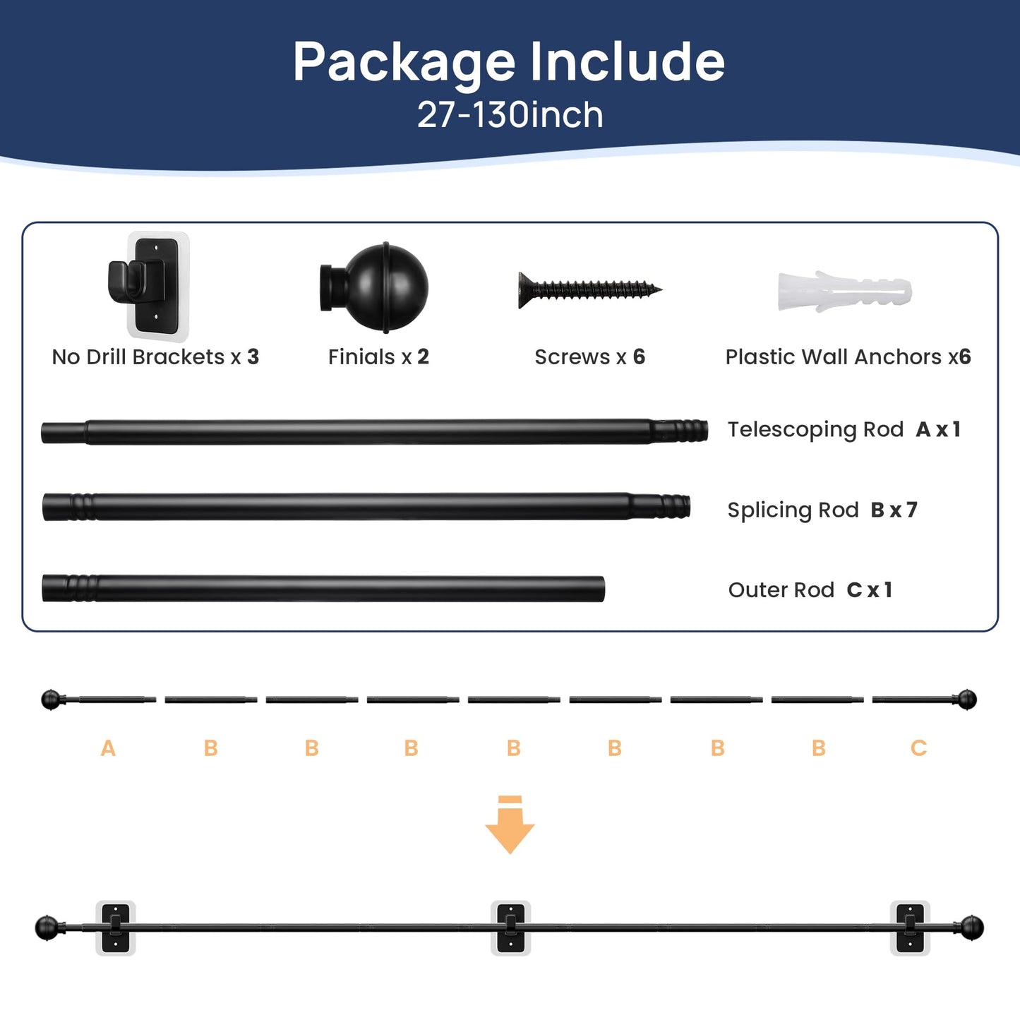 ENJOYBASICS No Drill Curtain Rods for Window 66 to 120 Inches, 5/8 Inch Diameter Renter Friendly Drapery Rod with Adhesive Brackets without Drilling, Adjustable from 27 to 130 Inches, Black