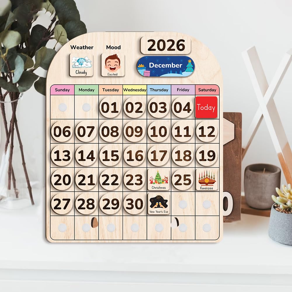 TinyKidz Wooden Calendar for Kids, Preschool Toddler Calendar Learning at Home and Classroom Teaching, Hanging Calendars for Kids, Months and Days of The Year