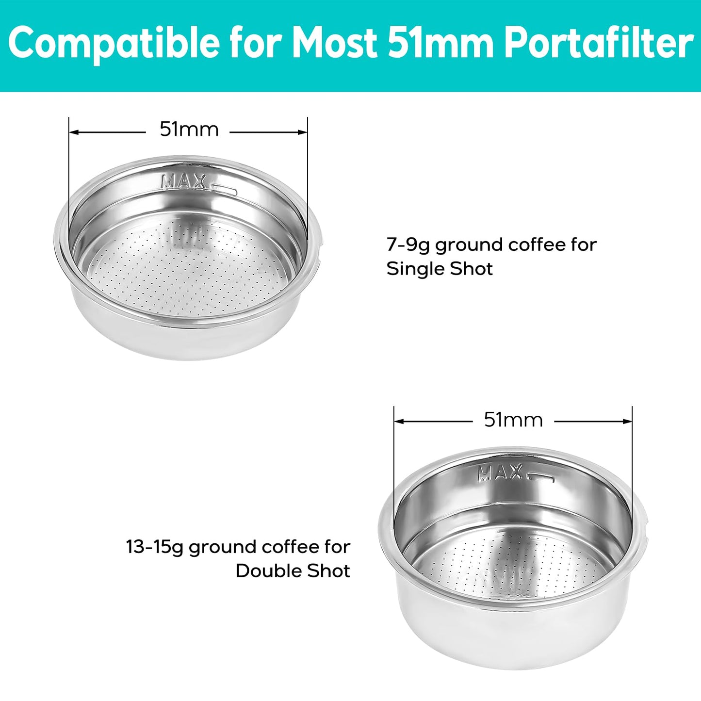 CASABREWS 51mm Stainless Steel Portafilter Set, 3 Ears Espresso Filter Holder with Double Spouts & 51mm Filter Baskets, Compatible for CASABREWS 3700 Essential and CM5418 Coffee Machine