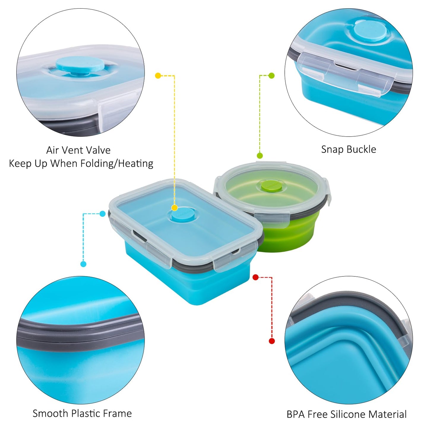 Collapsible Food Storage Containers with Lid & Air Vent, 16 Pack, 8 Rectangular + 8 Round, Annaklin Foldable Silicone Lunch Containers Collapsible Bowls Set, Microwave Freezer Dishwasher Safe, 4-Color