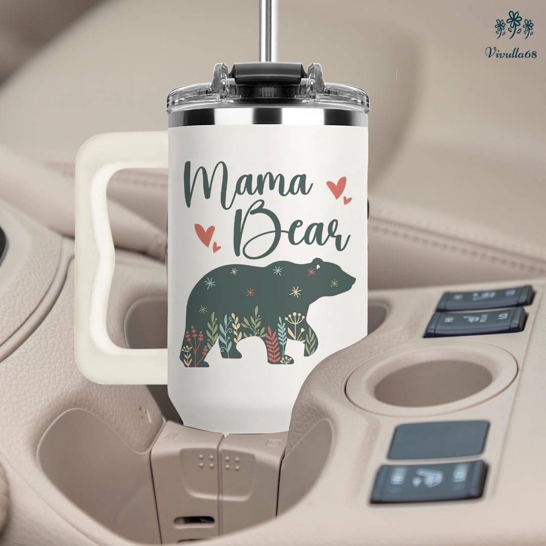 Vivulla68 Mama Bear Tumbler With Handle 40oz - Mama Tumbler, Mommy Gifts from Daughter, Momma Gifts, Mommy Coffee Mug, Mom Cup, Momma Bear Birthday Present, Mothers Day Gift Tumblers