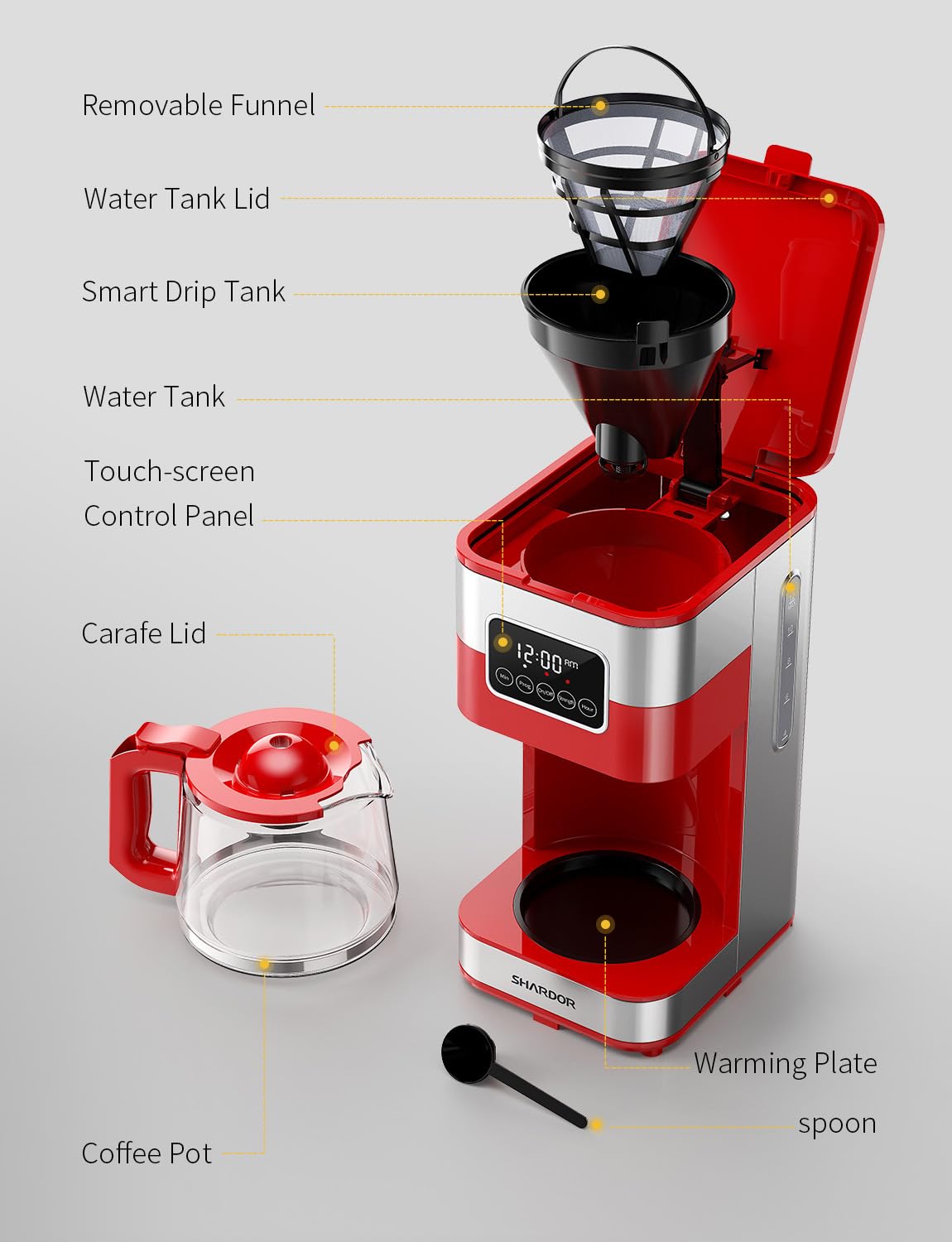 SHARDOR 10-Cup Programmable Coffee Maker, Regular & Strong Brew Drip Coffee Machine for Home and Office, Auto Shut Off, Permanent Filter (red)