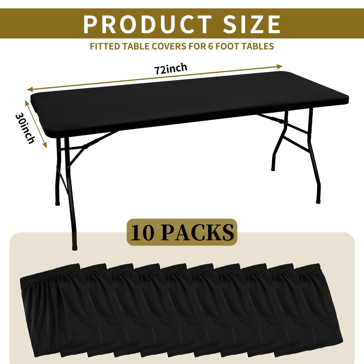 10 Pack Stretch Fabric Table Top Cap Cover, fits 6' Tables, Spandex Table Covers Washable Elastic Universal Rectangle Tablecloth Protector for Indoor Outdoor Party Picnic Wedding, Black, 30" W x 72" L