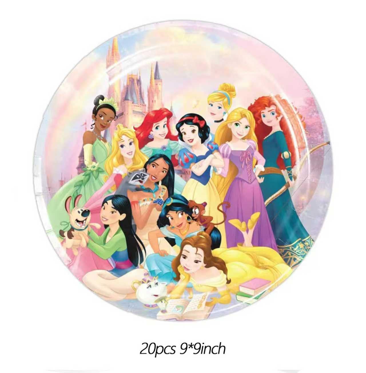 88PCS Disne Princess Birthday Decorations:40 Plates (9 inch + 7 inch), 20 Napkins, 20 Cups, 1 "Happy Birthday" Banner, 6 Hanging Swirls, 1 Tablecloth