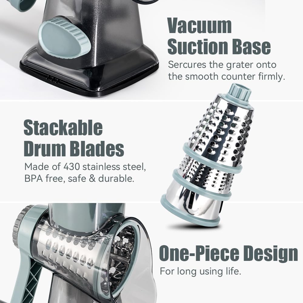 KEOUKE Rotary Cheese Grater Pro 6 in 1 - Shredder Crinkle Slicer Grinder Ice Shaver, Stable Suction, Time-saving Easy Use & Clean, Safe Morden Kitchen Tool for Cheese, Vegetable, Nuts, Chocolate