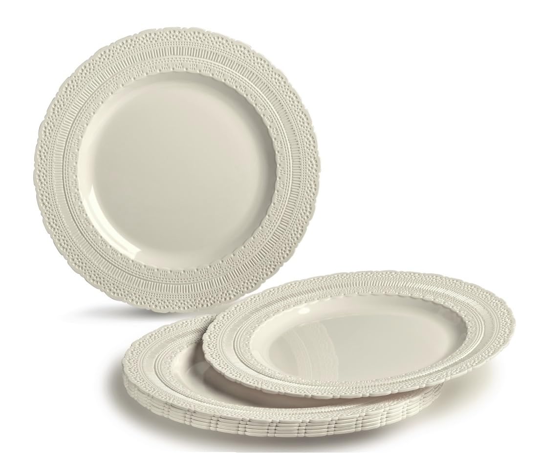 " OCCASIONS " 50 Plates Pack (25 Guests)-Extra Heavyweight Vintage Wedding Disposable/Reusable Plastic Plates -25 x 11'' Dinner + 25 x 8.25'' Salad/dessert (Chateau Collection Ivory)