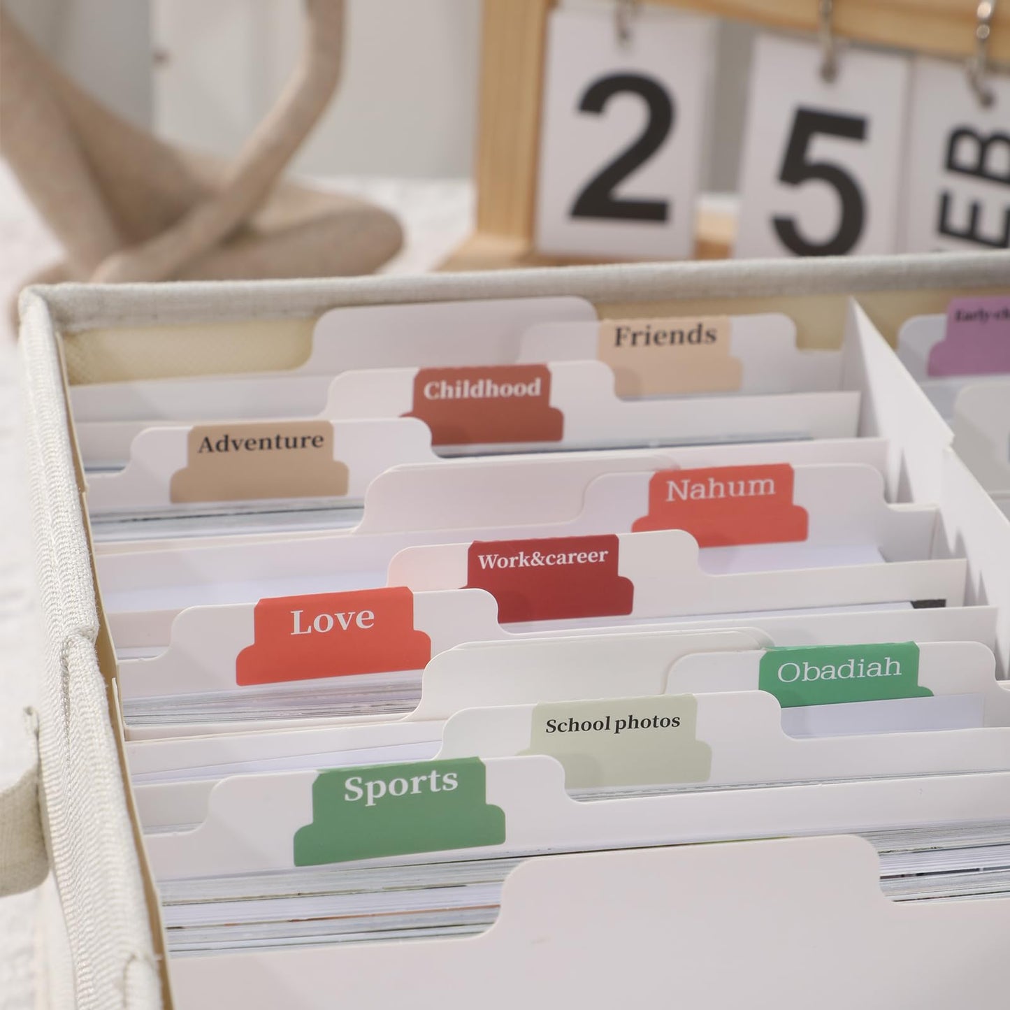Aokeyee 2PC Photo Storage Box - Decorative Linen Memory Organizer for 4x6 Pictures, Keepsake Box with Dividers & Labels, Holds 1700+ Photos