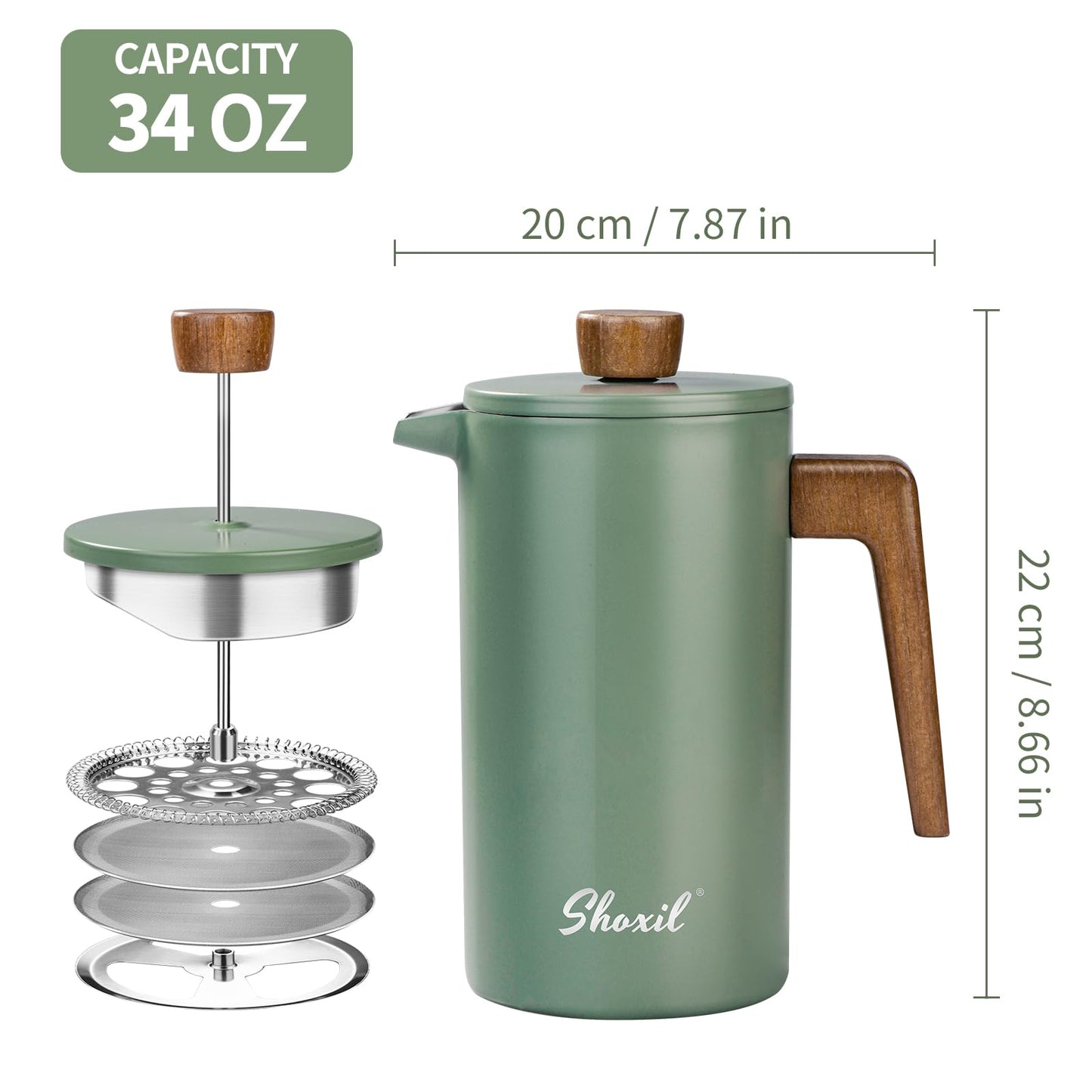 shoxil French Press Coffee Maker, 34oz Stainless Steel Green Coffee Press Real Wood Handle, Double Wall Insulated French Coffee Press with Dual-Filter Screen, Perfect for Camping & Kitchen Use