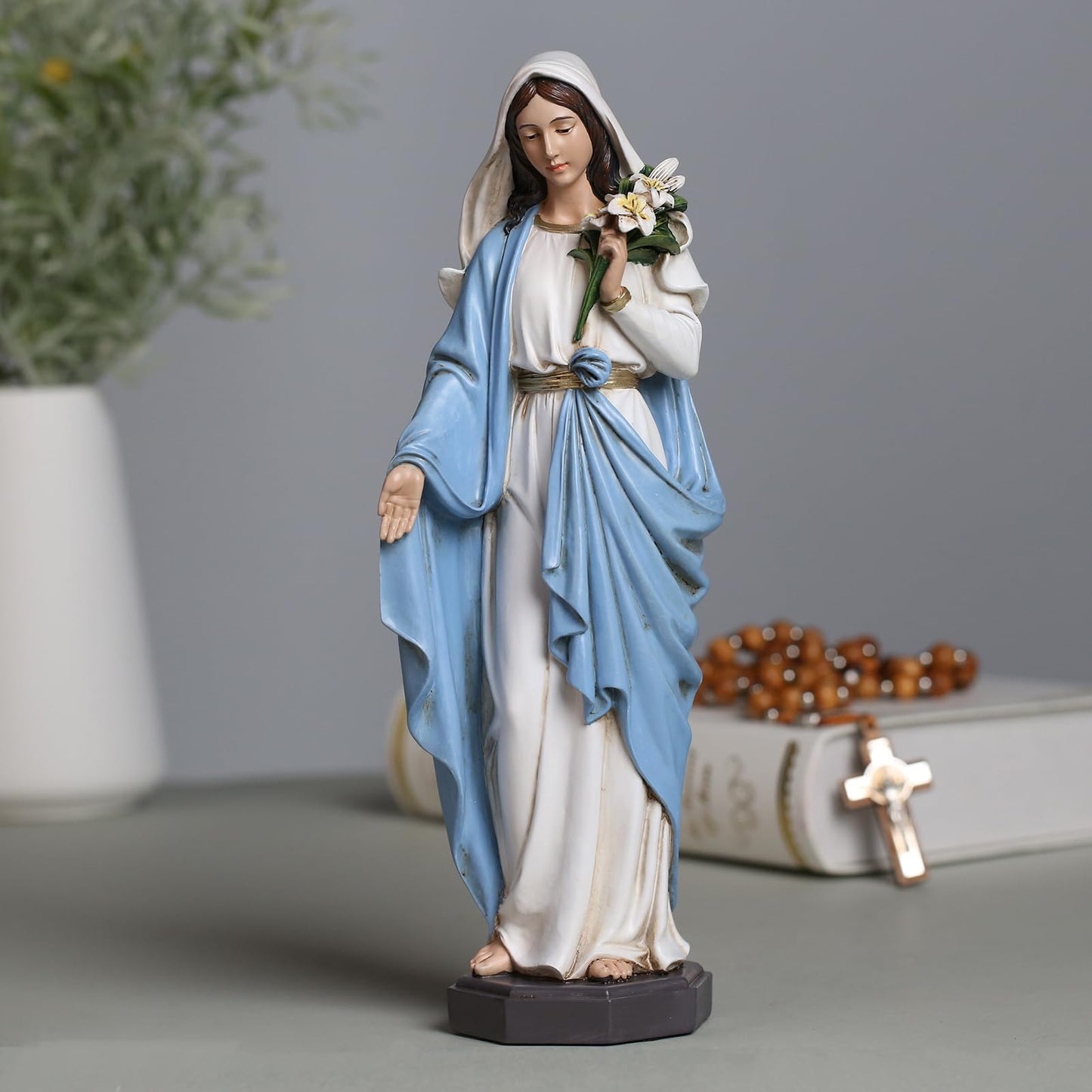 Grace4Joy Blessed Mother Mary Statue - 10 Inch Madonna Virgin Mary Statue Elegant Home Decor, Hand Painted Saint Mary Holding Lilies Figurines Renaissance Collection