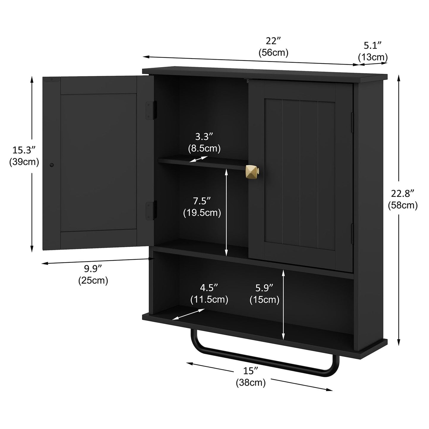 RRX Bathroom Cabinet Wall Mounted Medicine Cabinets with Towels Bar, Over The Toilet Storage Cabinet with 2 Doors and Adjustable Shelf, White Wall Cabinet for Bathroom Laundry Kitchen (Black)