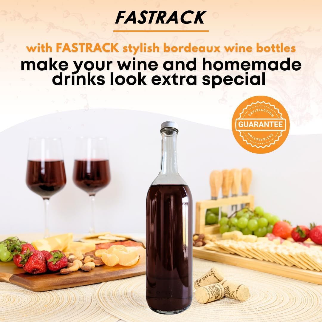 FastRack 750ml Clear Glass Wine Bottles with White Metal Screw Caps (Pack of 12) | Empty W5 Flint Bordeaux Bottles for Homemade Wine, Juice, Kombucha, Spirits & Beverage Storage