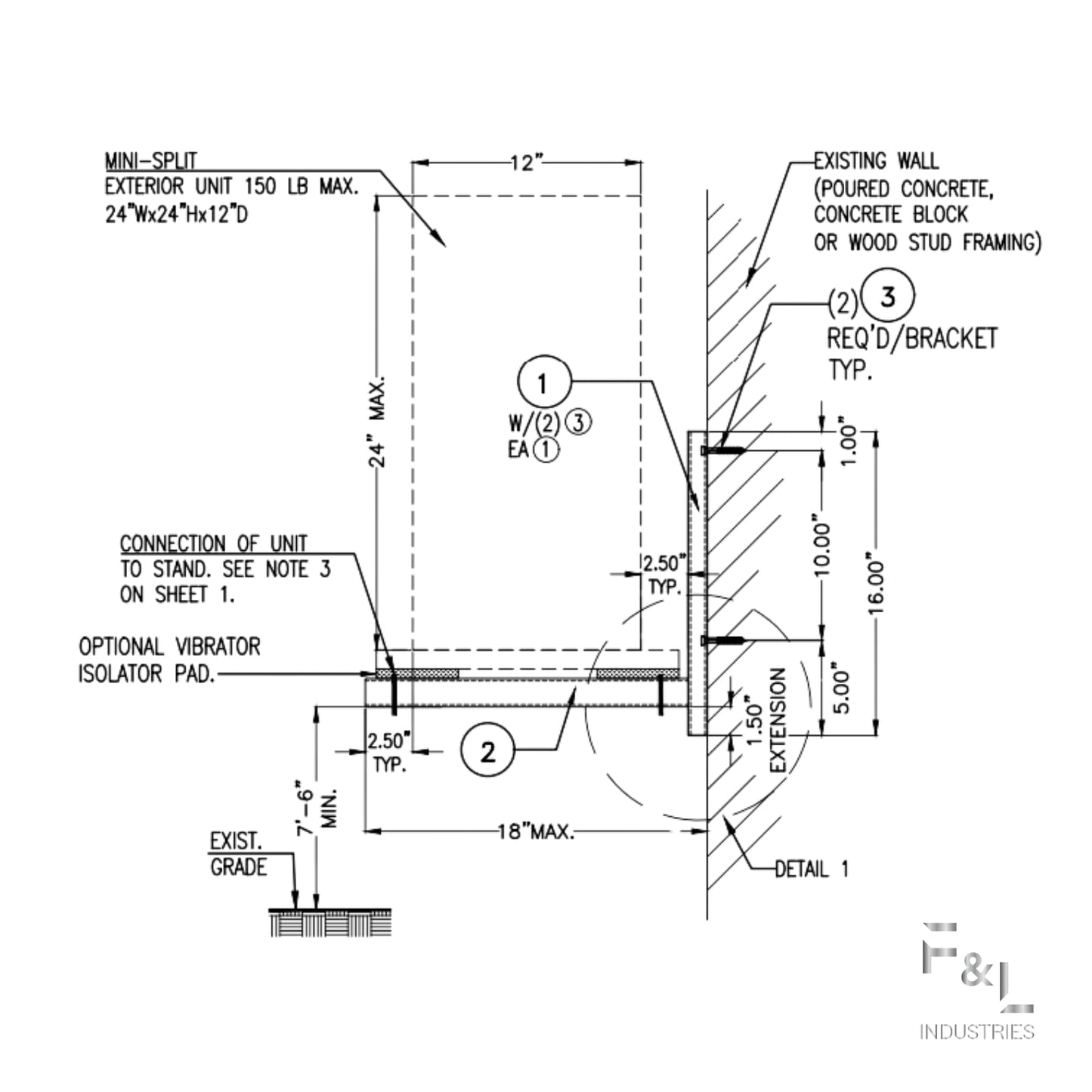 F&L Heavy-Duty Mini Split Wall Mount Bracket—Rust-Resistant Aluminum AC Support for Ductless Heat Pump Systems—Universal Fit, 700 lb Capacity—Approved by Florida Building Code (18"x18" Heavy Duty)