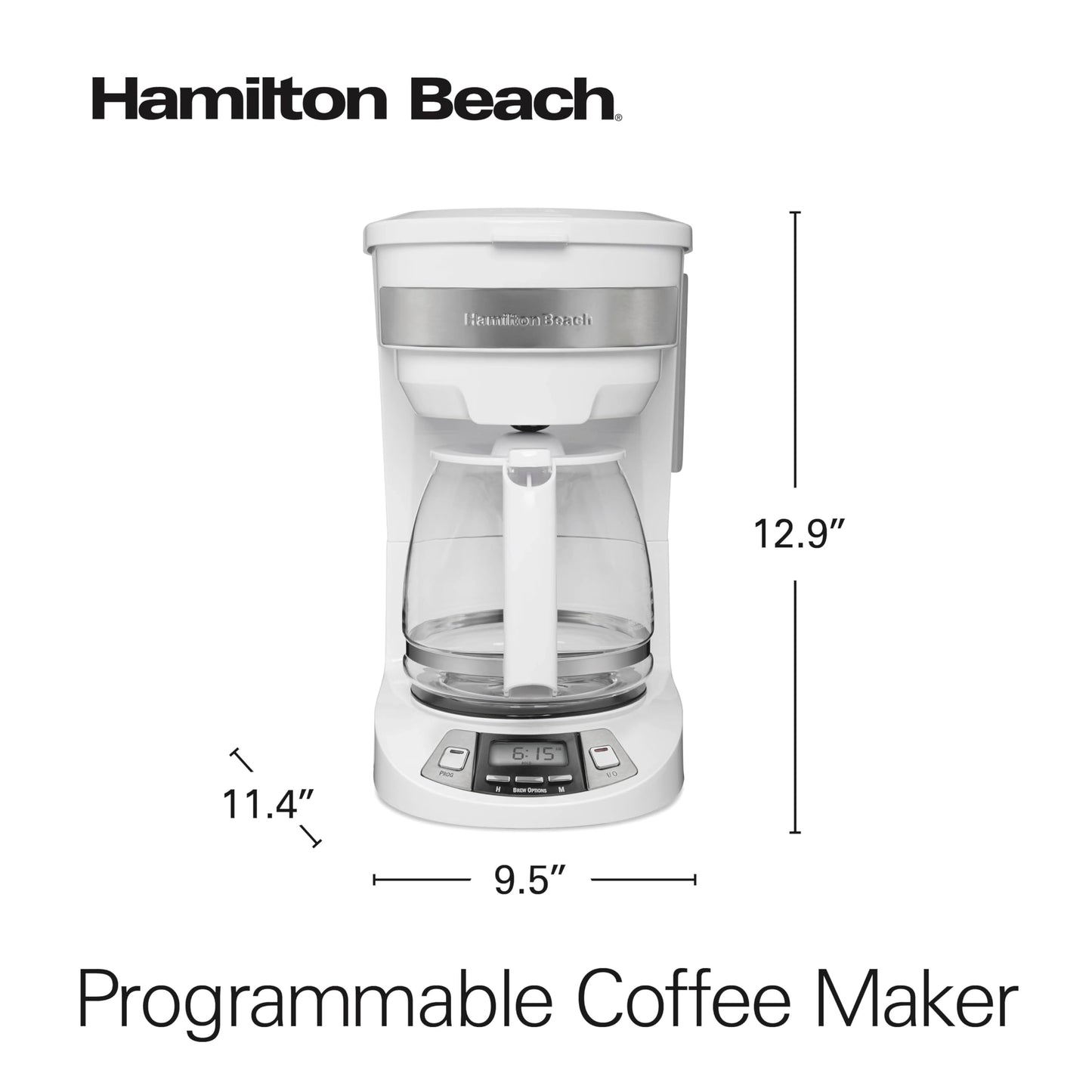 Hamilton Beach 12 Cup Programmable Drip Coffee Maker Machine, Regular & Bold Brew Options, Auto Pause and Pour, Glass Carafe, White (46294J)
