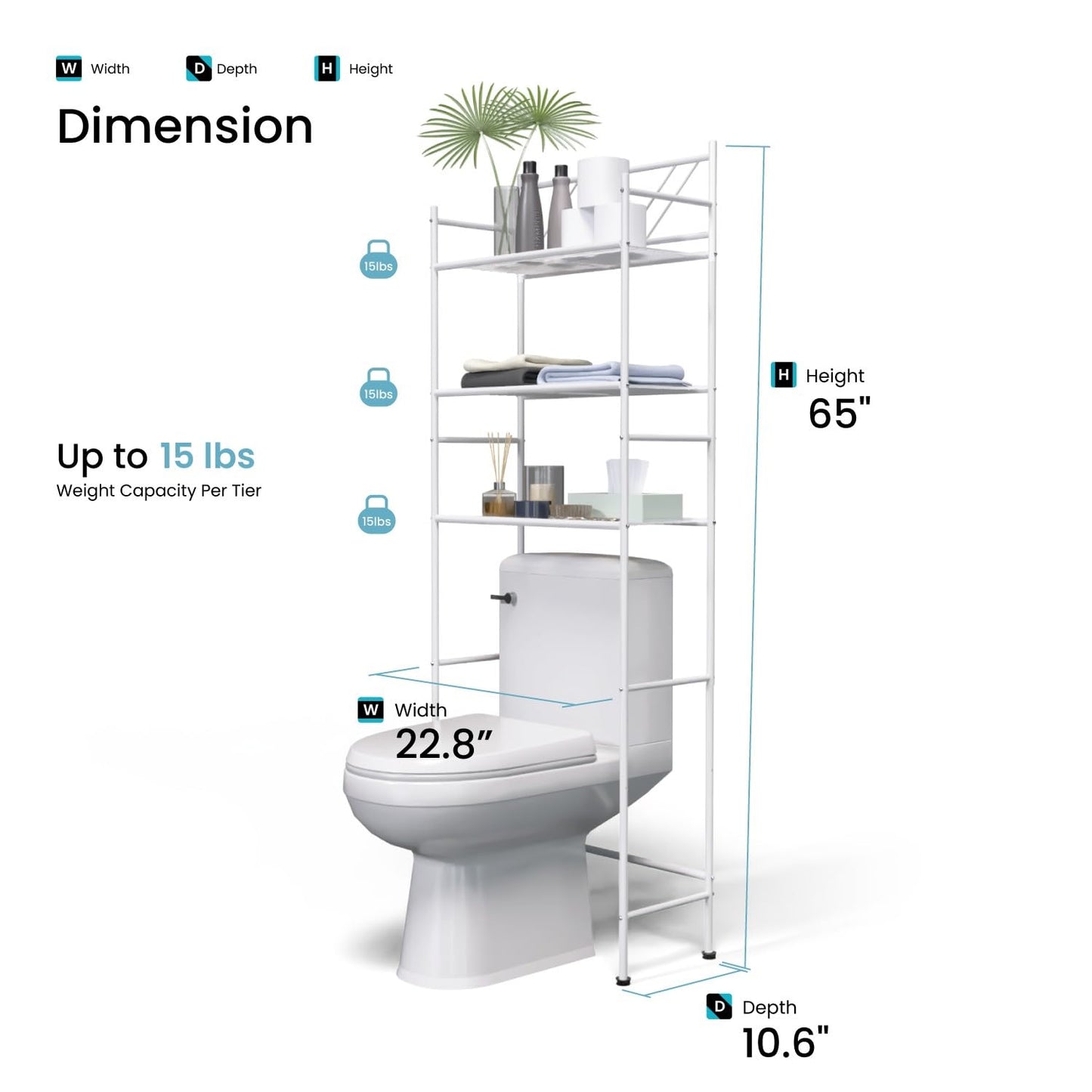 Home Zone Living Over-the-Toilet Bathroom Storage Organizer with 3-Tier Shelves and Adjustable Feet, Freestanding Steel Frame Design, White