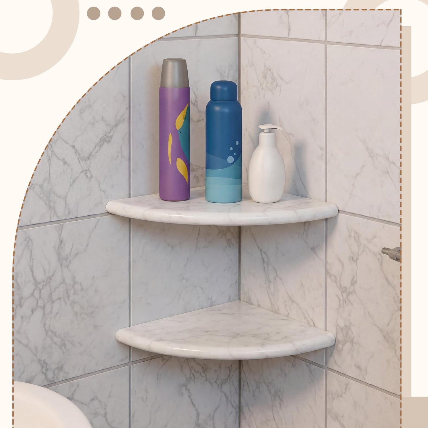 Chunful 2 Pcs White Marble Corner Shower Shelf for Bathroom 9 x 9 Inch Wall Mounted Both Sides Polished Marble Corner Shelves Shower Caddy for Bathroom Wall (Stylish)