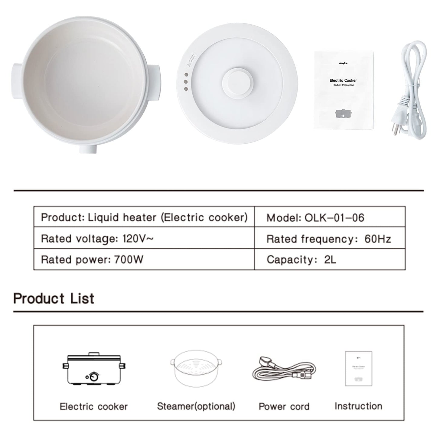 Electric Cooker, 2L Ceramic Glaze Non-stick Pot, Dual Power Multi-functional Electric Cooker, Suitable for Steak, Pasta, Hot Pot, Ramen, Quick Heating and Overheat Protection