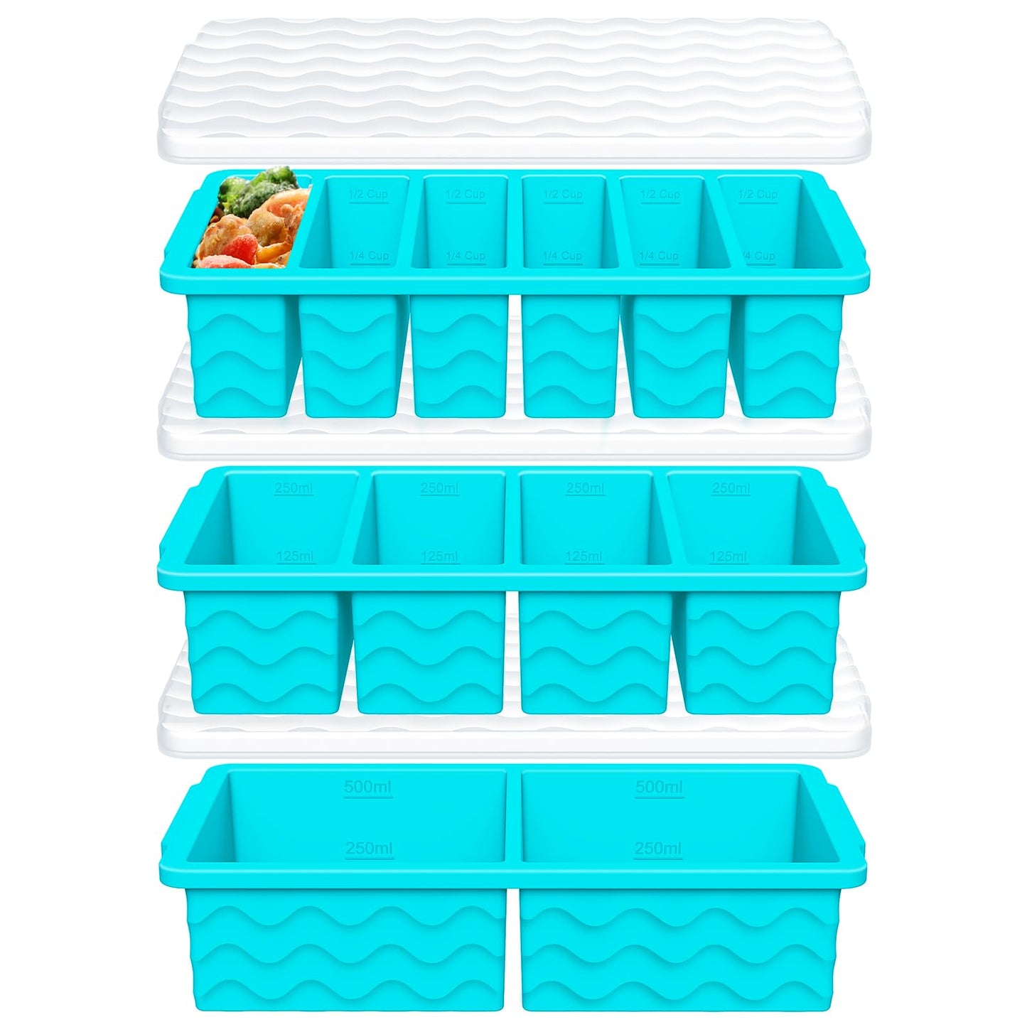 3-Pack Silicone Freezer Trays with Lid,2 Large 2-Cup(500ml)&4 Medium 1-Cup(250ml)&6 Small 1/2-Cup(125ml) Soup Freezer Container Molds,Ice Cube Tray For Meal Prep&Freezing Soup,Stews,Sauces