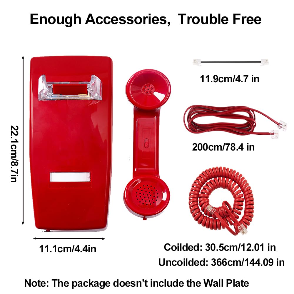 HTMengt No Dial Wall Phone for Elderly Dementia, No Dialpad Wall Telephone for Older,Incoming Calls Only Wall Phones for Senior, 2554 Wall Telephone without Keypad for Memory Care,Home,Bar,Garage, Red