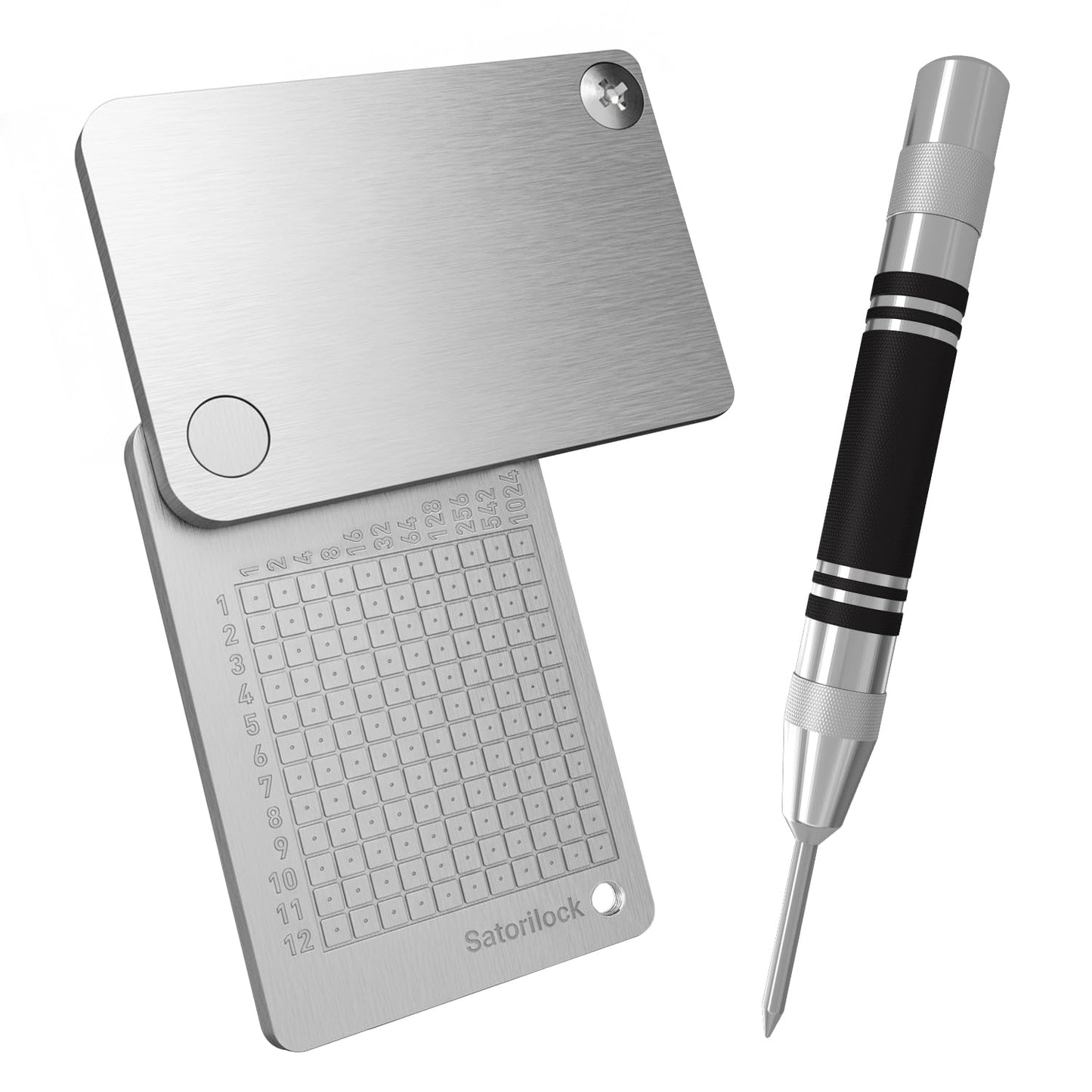 Satorilock Crypto Seed Storage,Mini Binary Tablet,Stainless Steel,Crypto Capsule Metal Wallet,Cold Storage Backup,12/24 Words Key Phrase Storage,Steel Plate,Compatible with Ledger,Trezor,Bitcoin