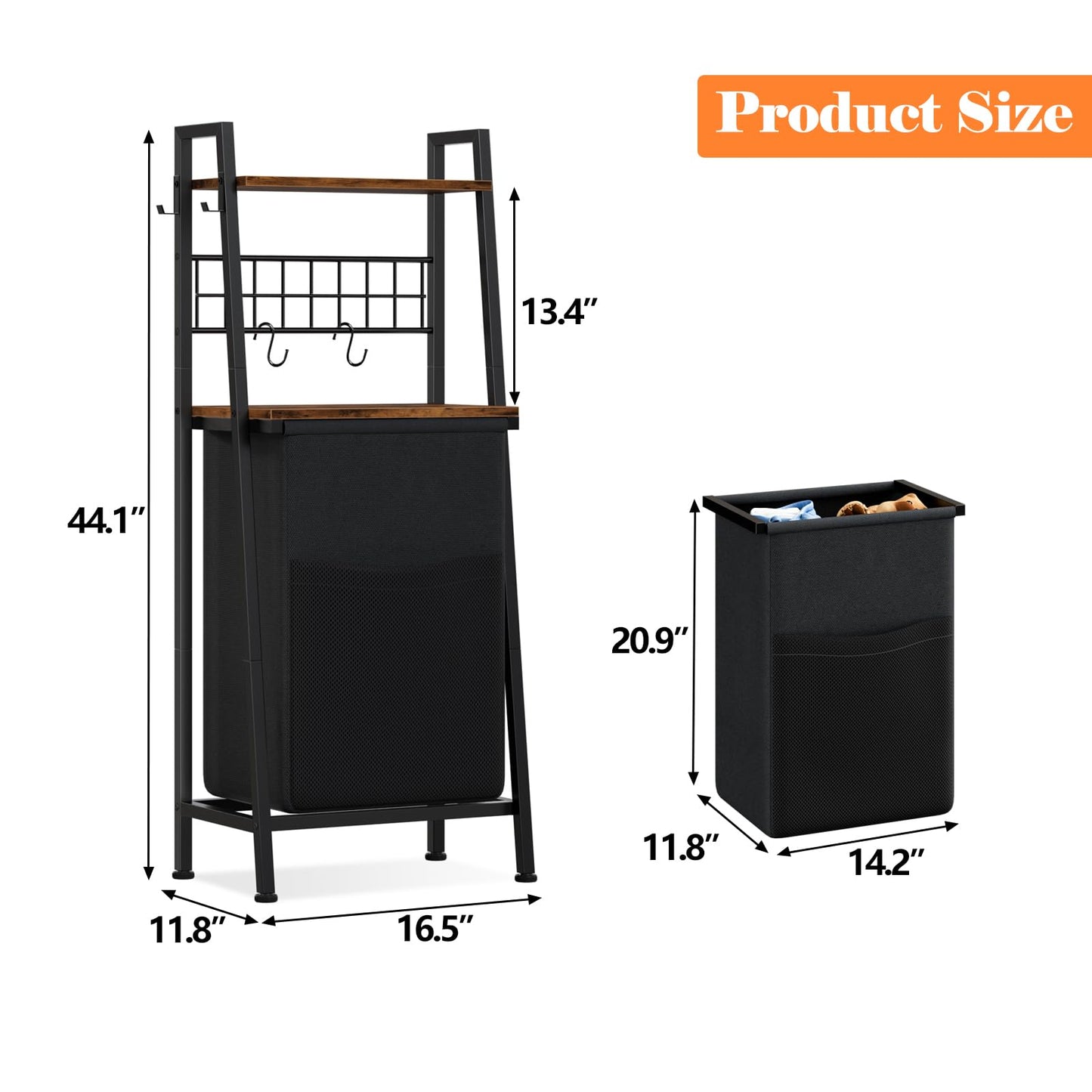Furnulem Laundry Hamper, Vertical Laundry Basket with 2 Tiers Wooden Shelf and Hooks, Clothes Hamper with Pull-Out and Removable Bag for Bathroom, Bedroom, Dorm, 13.21 Gallons (50L)