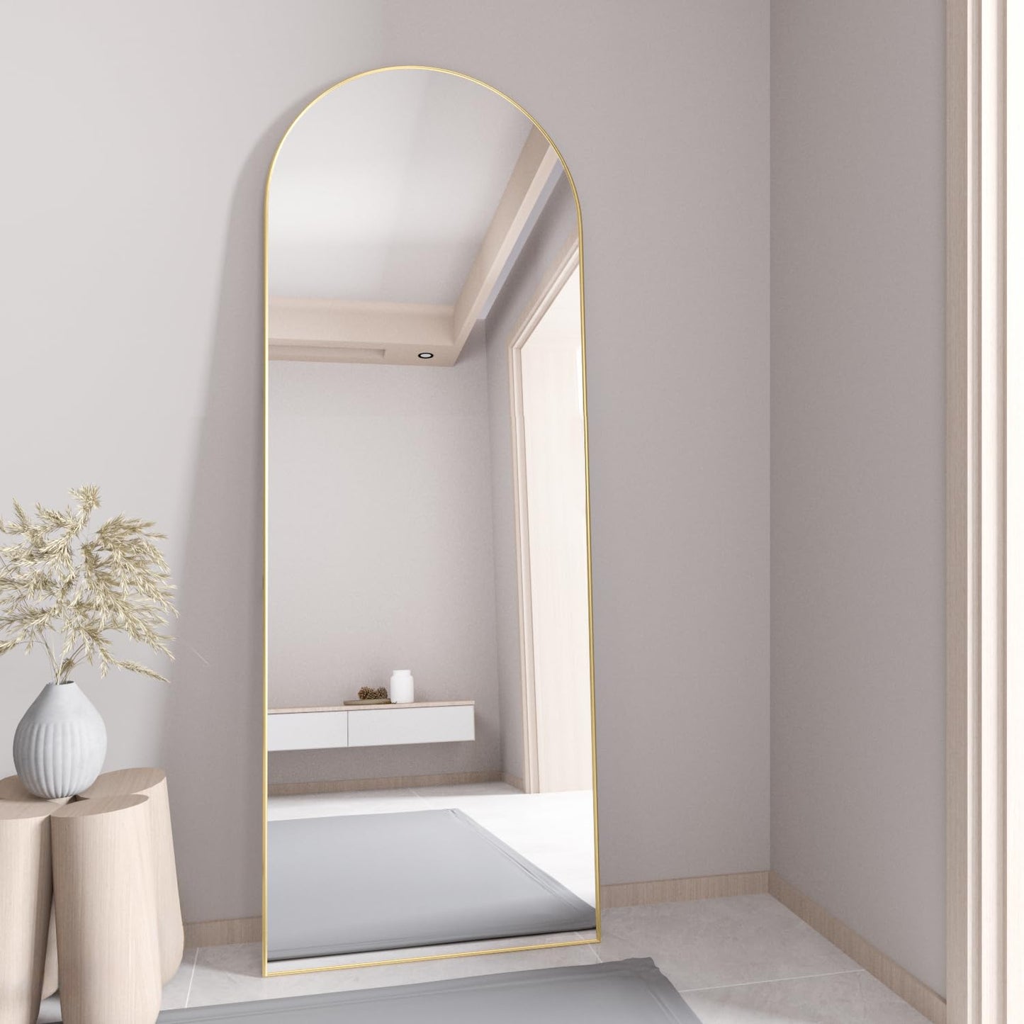 NEUWEABY Full Length Mirror, 56"x16" Arch Floor Mirror with Stand, Gold Arched Full Body Standing or Leaning Mirror for Bedroom, Living Room