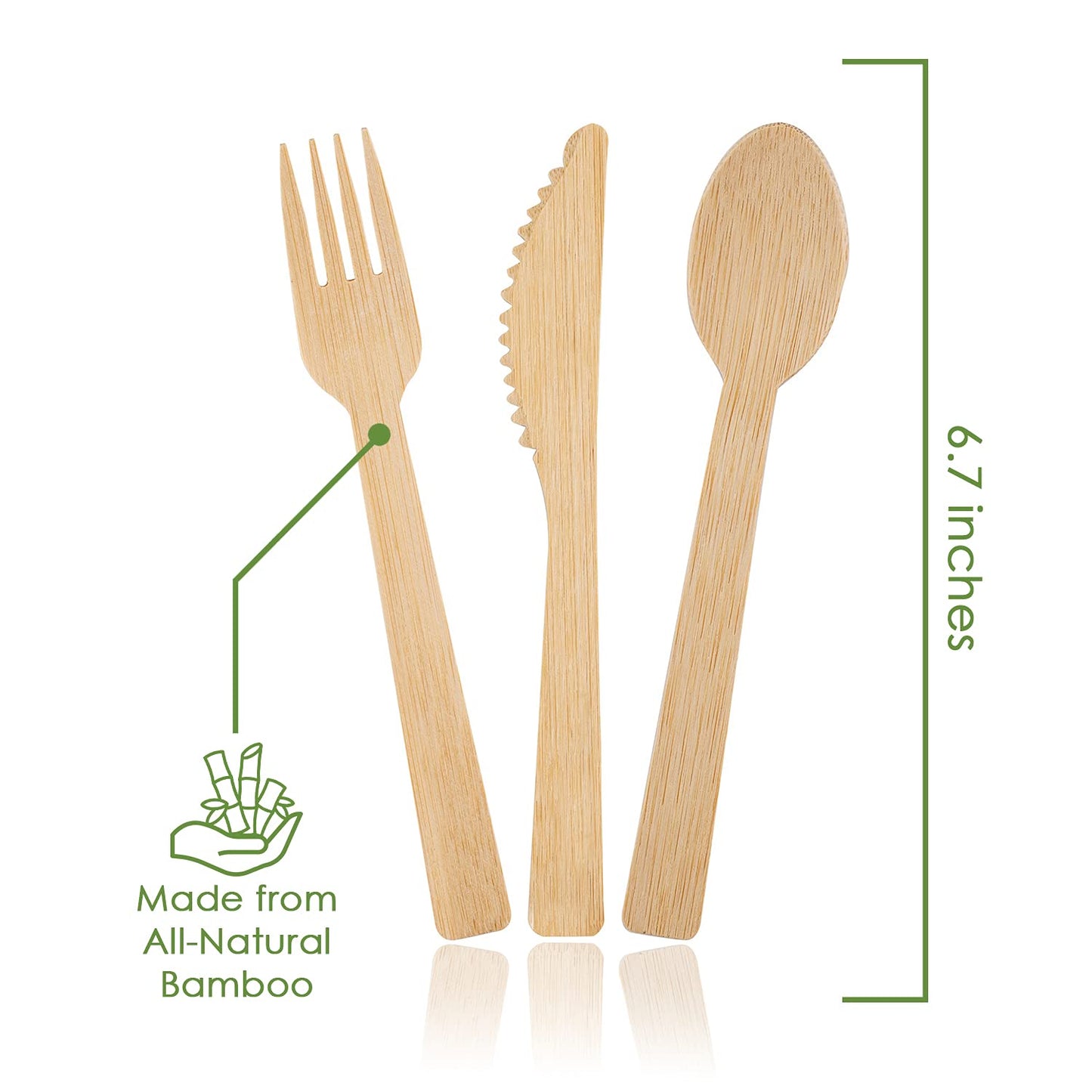 100% Bamboo Forks Spoons Knives Cutlery Combo Set - 380 Large Compostable Disposable Utensils (7 in.) Eco Friendly Durable and Tree Free Alternative to Wooden Silverware with Convenient Tray