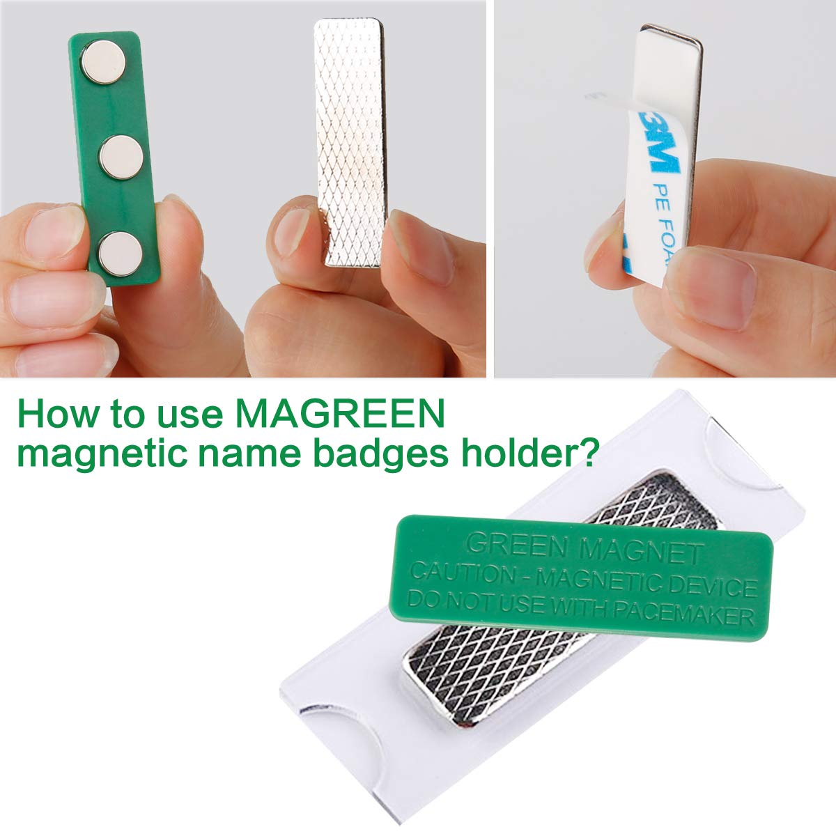 Magreen Magnets 120 Pack Strong Magnetic Name Badge Holders with Steel Back Plate, Name Tags/ID Badge Magnets, Fastener with 3M Adhesive on Front Plate,Strength Neodymium Magnets