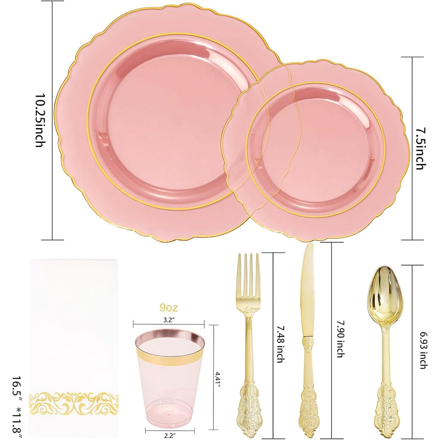 KIRE 210Pcs Clear Pink Plastic Plates with Gold Rim - Disposable Pink Plates for Party - 30 for Dinner 30 for Dessert 90 Silverware 30 Napkins 30Cups for Upscale Wedding/Party/Baby Shower