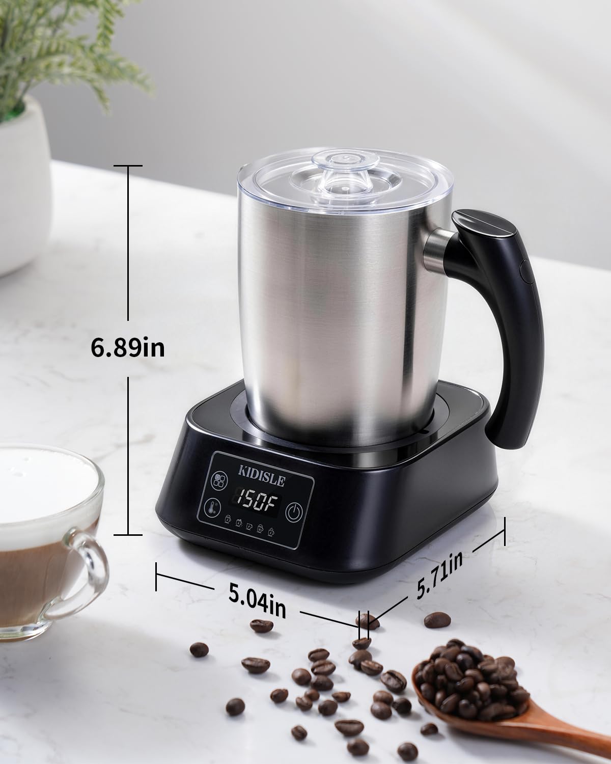 KIDISLE 5-in-1 Milk Frother and Steamer, 17oz Detachable Stainless Steel Jug, 4 Adjustable Temperatures 130°F-160°F, Hot & Cold Foam Maker, Hot Chocolate Maker, Dishwasher Safe