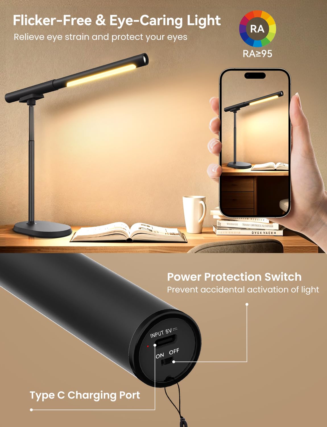 YULINKCO Rechargeable Desk Lamp, Adjustable Magnetic Table Lamp with Removable Cylindrical Light Tube for Study & Bedroom, Dimmable Touch Control & Space-Saving.