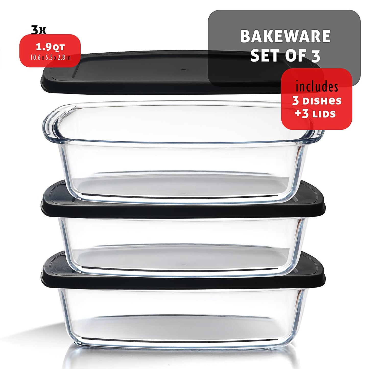 EATEX Glass Bread Pans for Homemade Bread Baking, 1.9 Quart Deep Rectangular Glass Food Storage Containers with Lids, 3 Bread Loaf Pans 3 Airtight Lids Black Microwave Oven & Freezer Safe