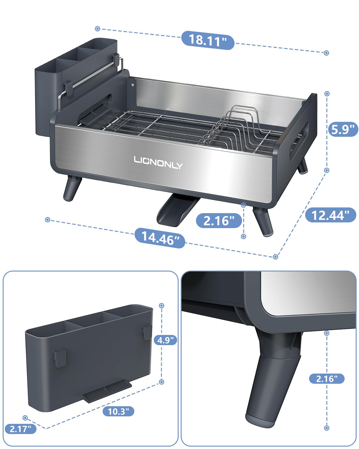 LIONONLY Dish Drying Rack with Drain Board, 304 Stainless Steel Core, Aluminum Rustproof Frame, Anti-Slip Elevated Feet, Removable Adjustable Spout, Utensil Holder, Gray